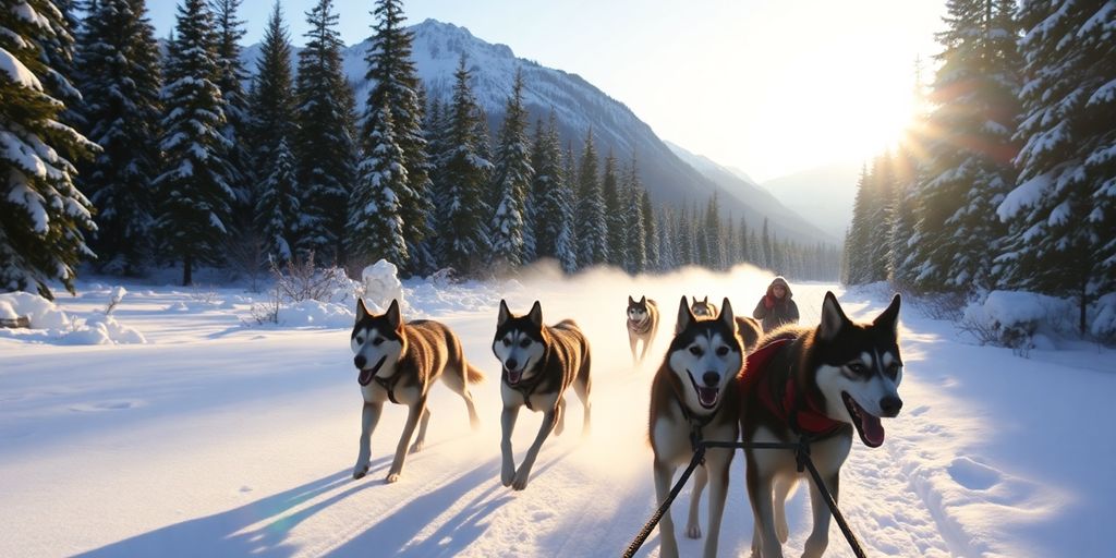 A team of husky sled dogs pulling a sled in snow.