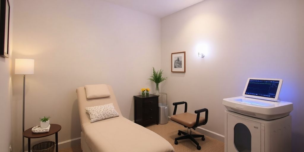 Therapy room with microcurrent neurofeedback equipment.