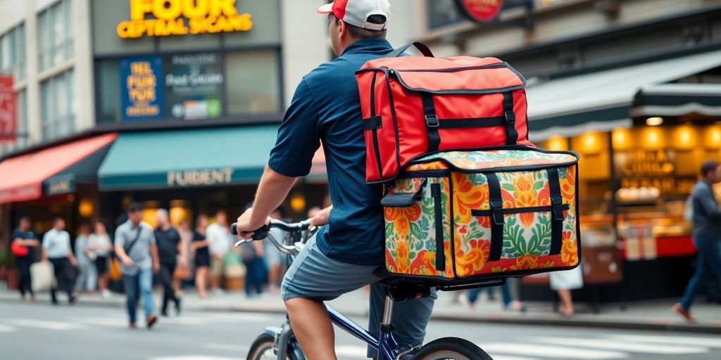 Food delivery driver on a bicycle in a city.