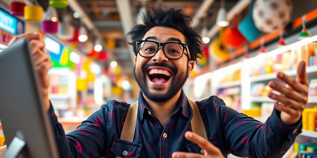 Komedian yang menjelajahi e-commerce dengan produk yang dinamis.