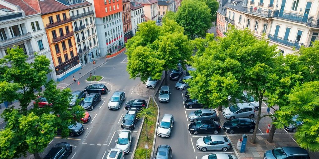 Vibrant European city with electric cars and greenery.
