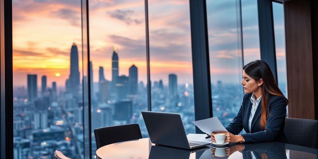 Manila skyline, modern conference room, business travellers.