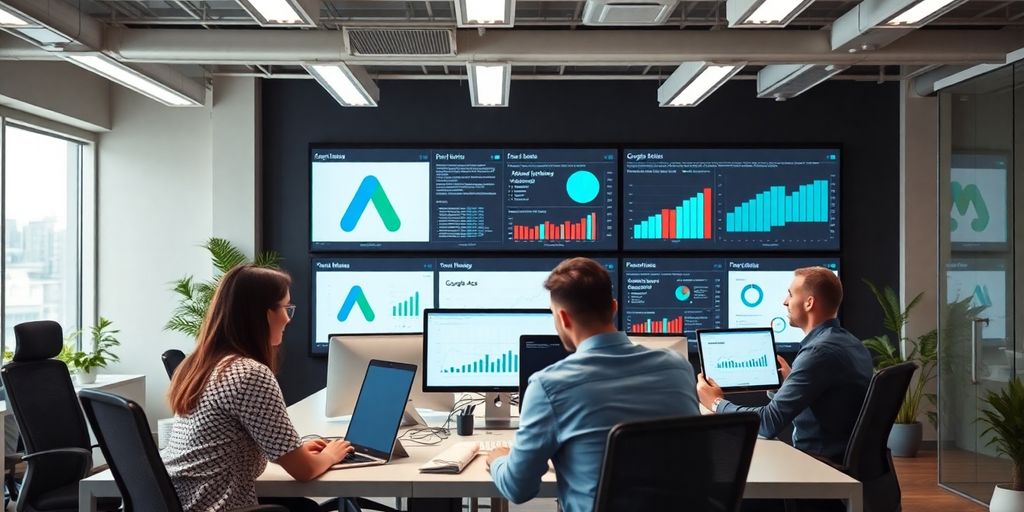 Profissionais de marketing digital em ambiente moderno.