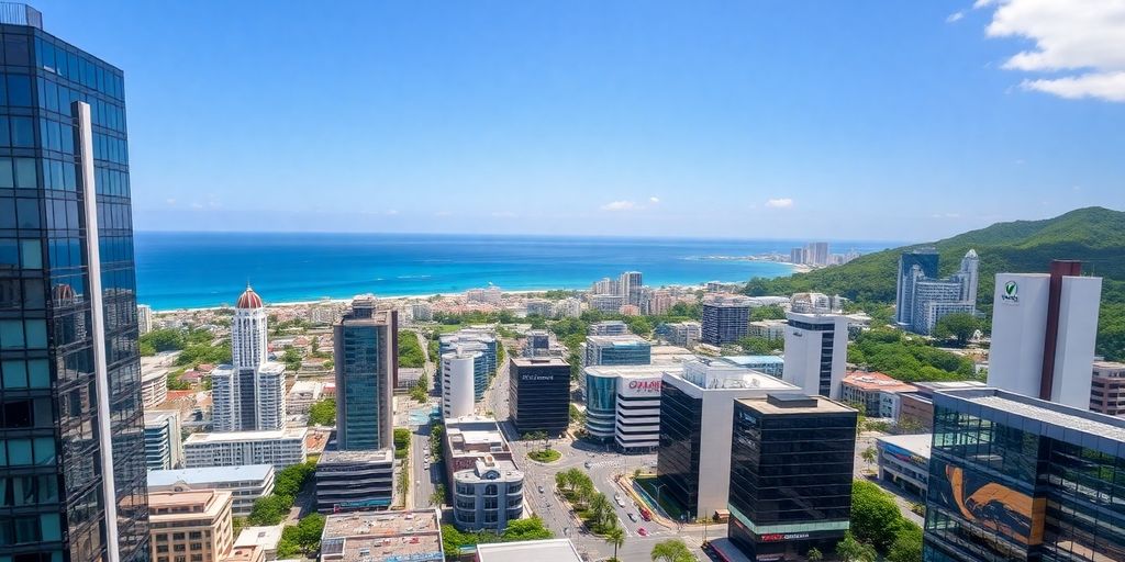 Modern commercial buildings, Phuket skyline, lush tropical background.