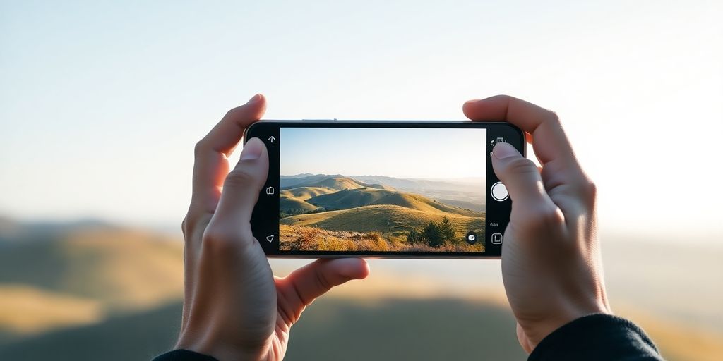 Person holding smartphone, taking photo of landscape.