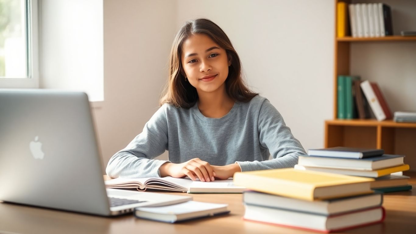 Student studying peacefully at a desk with books and laptop.