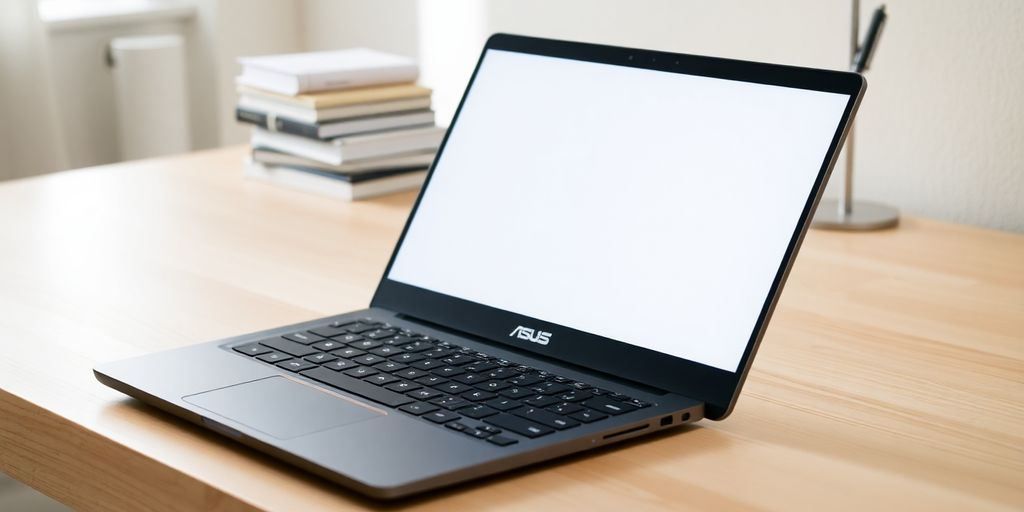 ASUS Vivobook Go 15 em uma mesa de estudo iluminada.