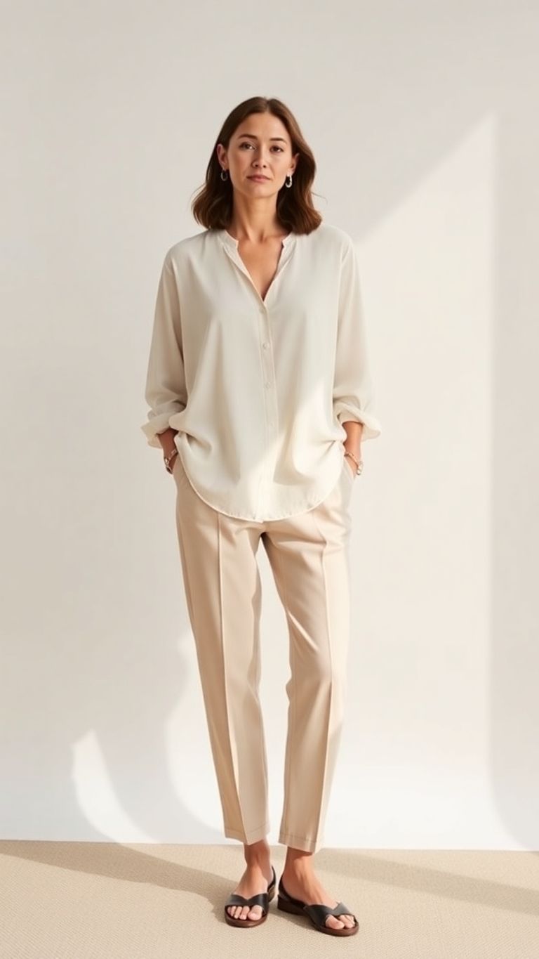 Eileen Fisher sustainable fashion outfit in a minimalist setting.