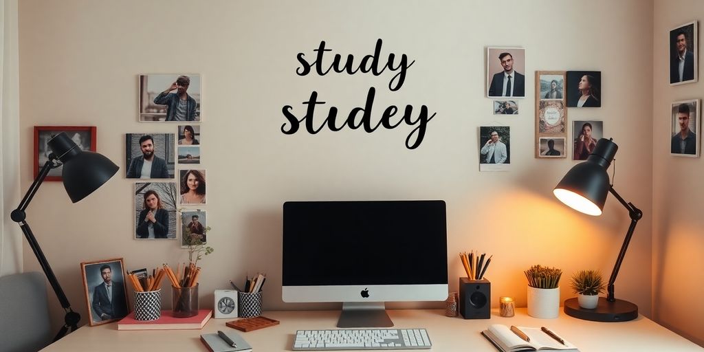 Cozy workspace with aesthetic wallpaper and personal photos.