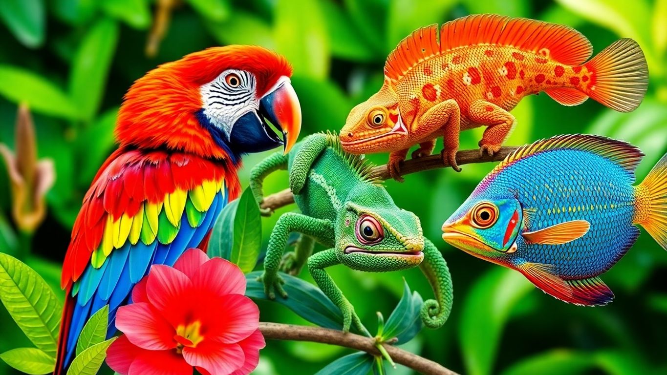 Animais exóticos como papagaio e camaleão.
