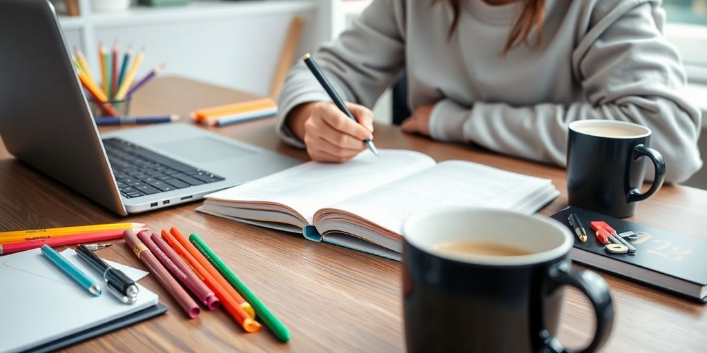 Schüler schreibt Notizen in einem modernen Arbeitsbereich.
