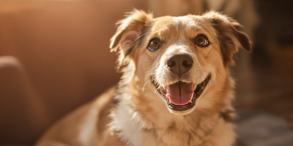 Happy dog looking at the camera in an adoption center.