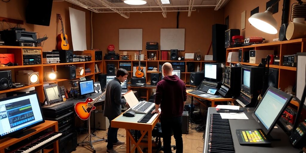 Innovative music laboratory with diverse instruments and researchers.