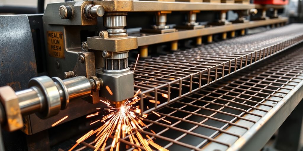 Construction mesh welding machine with wires and welded grids.