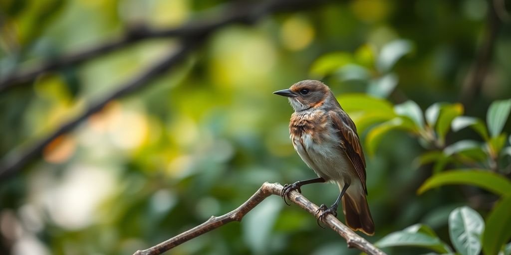 Pássaro em um galho, ambiente natural com poluição sonora.