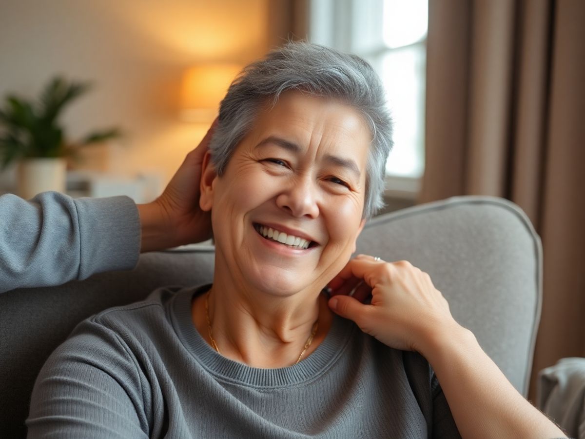 Persoană zâmbind, recuperându-se, sprijin emoțional, acasă.