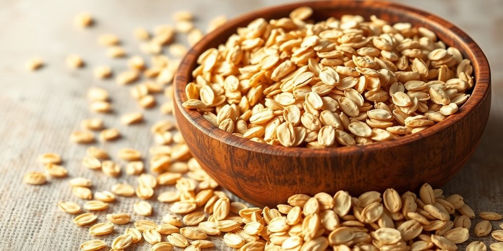 Golden whole grain oats in a rustic wooden bowl.