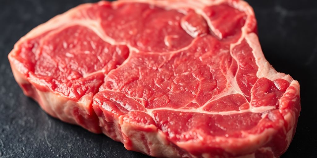 A sizzling steak with rich marbling on a rustic wooden board.