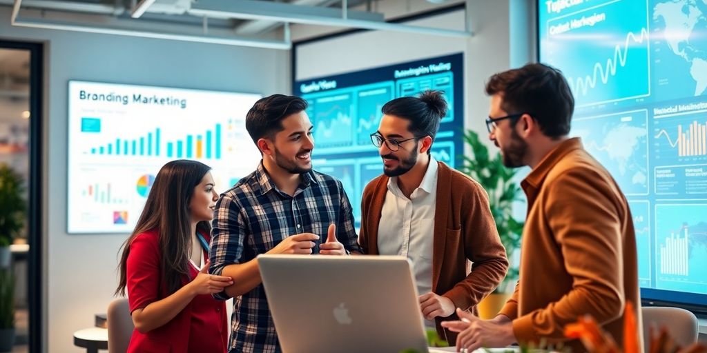 Profissionais de marketing digital em ambiente de escritório moderno.