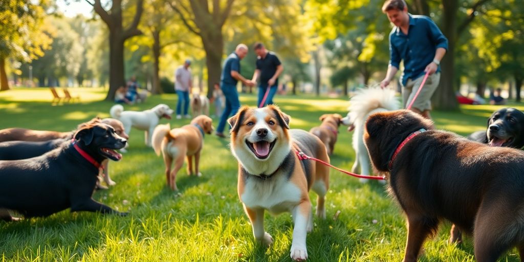 Happy dogs playing together in a sunny park.