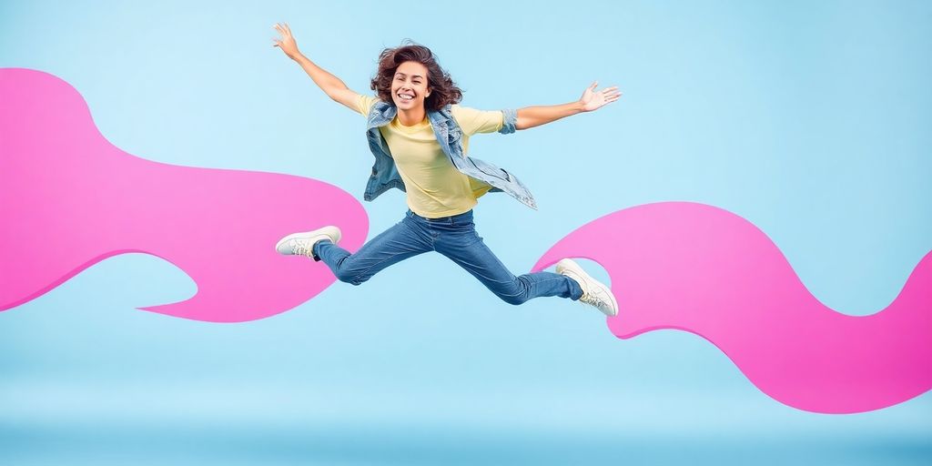 Energetic person leaping over abstract shapes.