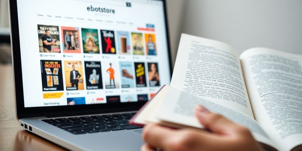Laptop displaying an online bookstore, hands holding a book.