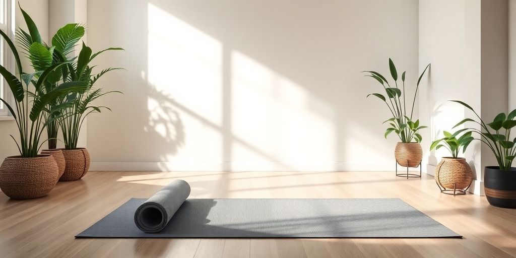 Pokoj pro meditaci s jogamatkou a rostlinami.