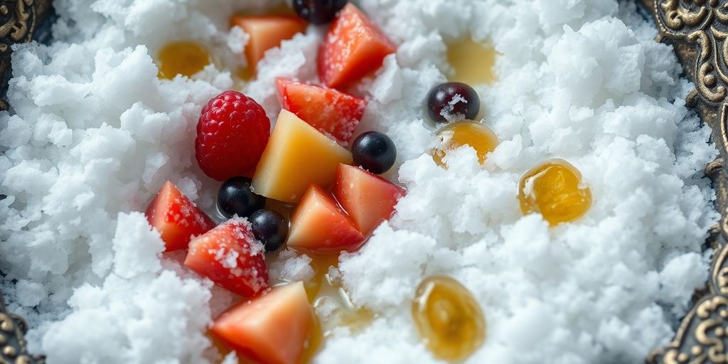 Ancient snow, fruit, and honey in a bowl.