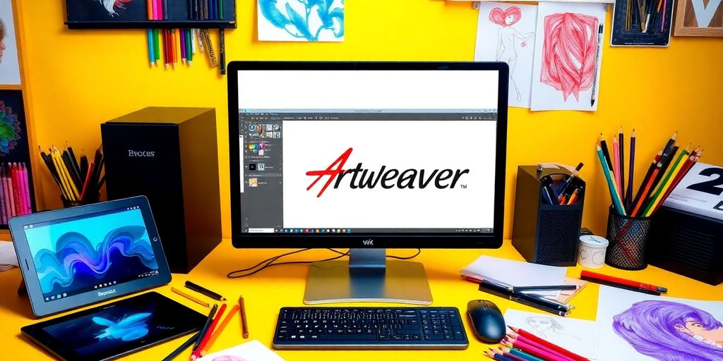 Digital art workspace with Artweaver on a PC screen.