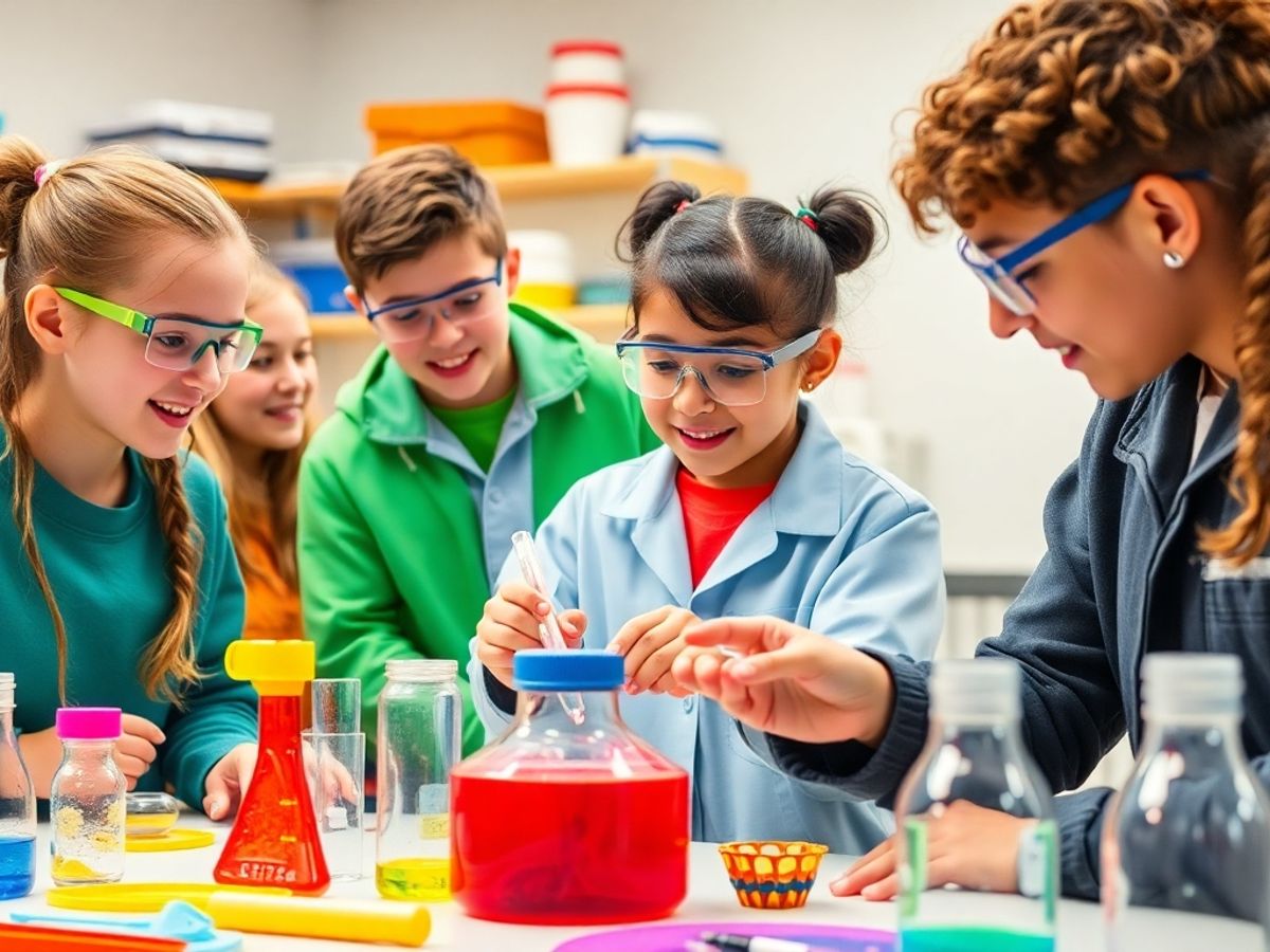 Tineri inovatori lucrând într-un laborator plin de culoare.