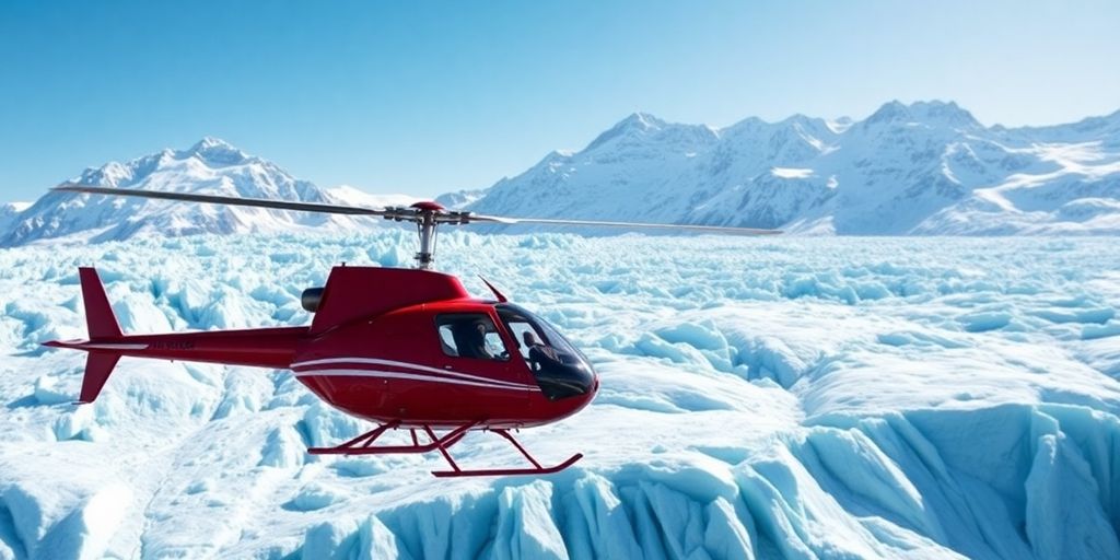 Red helicopter flying over a massive Alaskan glacier and mountains.