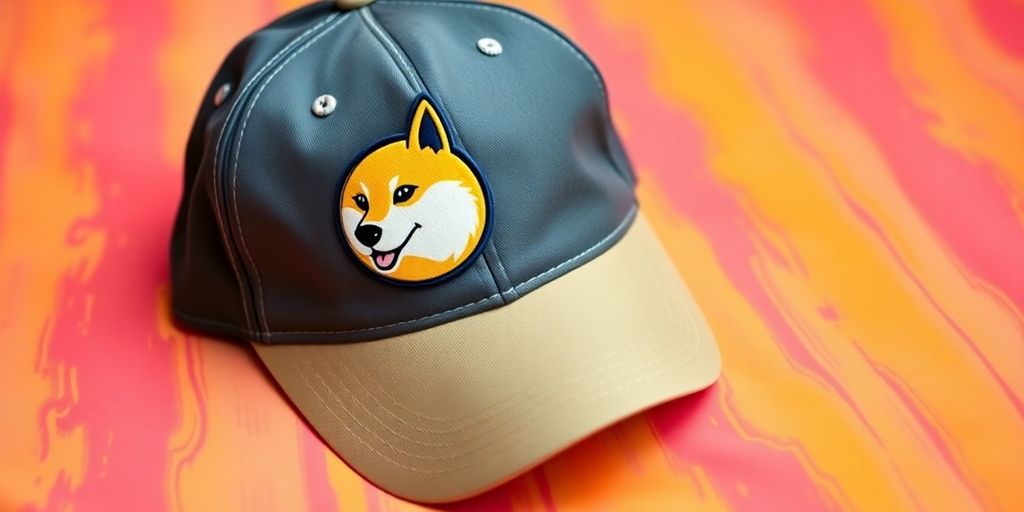 Dogecoin-themed dad hat on a colorful background.