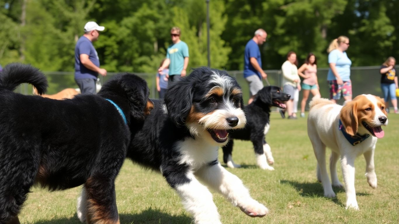 Bernedoodle playing with dogs at Pennsylvania dog park