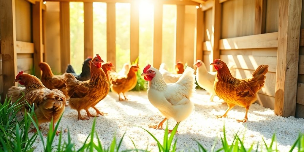 Clean chicken coop with healthy chickens in sunlight.