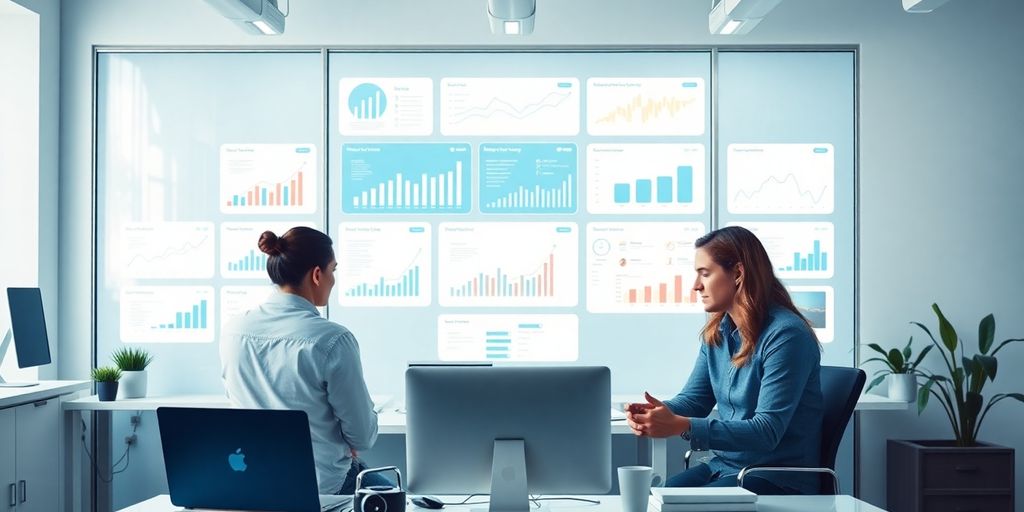 Profissionais de marketing digital em escritório moderno e colaborativo.