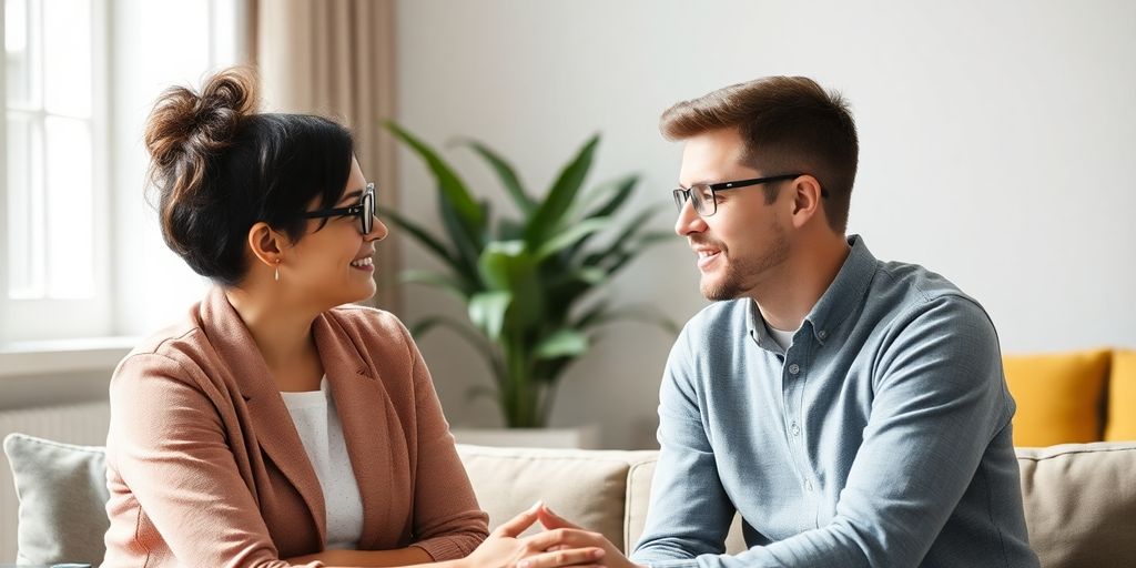Un coach et un apprenant discutent dans un cadre professionnel.