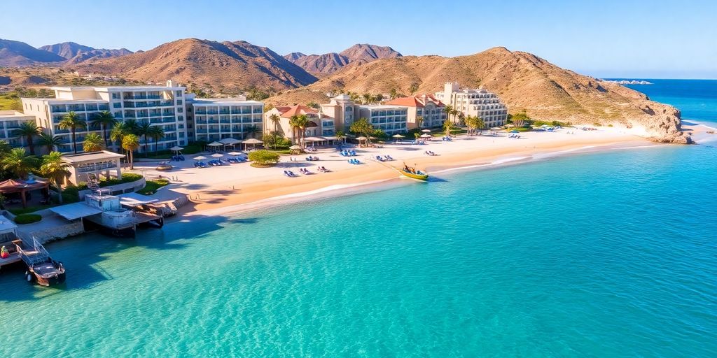Playa de Cabo San Lucas con hoteles y palmeras.