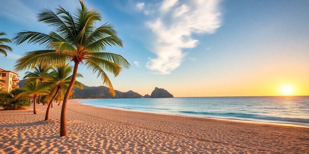 Beach view of Cabo San Lucas resorts at sunset.