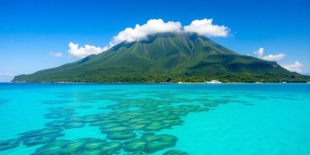 Turquoise lagoon surrounds lush green island with distant mountains.