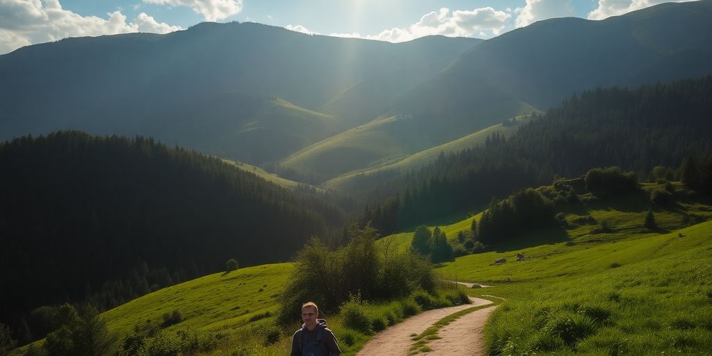 Paysage naturel verdoyant avec un chemin sinueux.