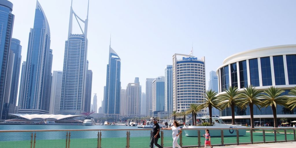 Abu Dhabi skyline with family and budget hotel