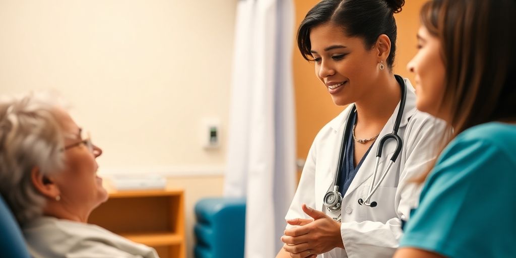 Healthcare interpreter helping a patient in a medical office.