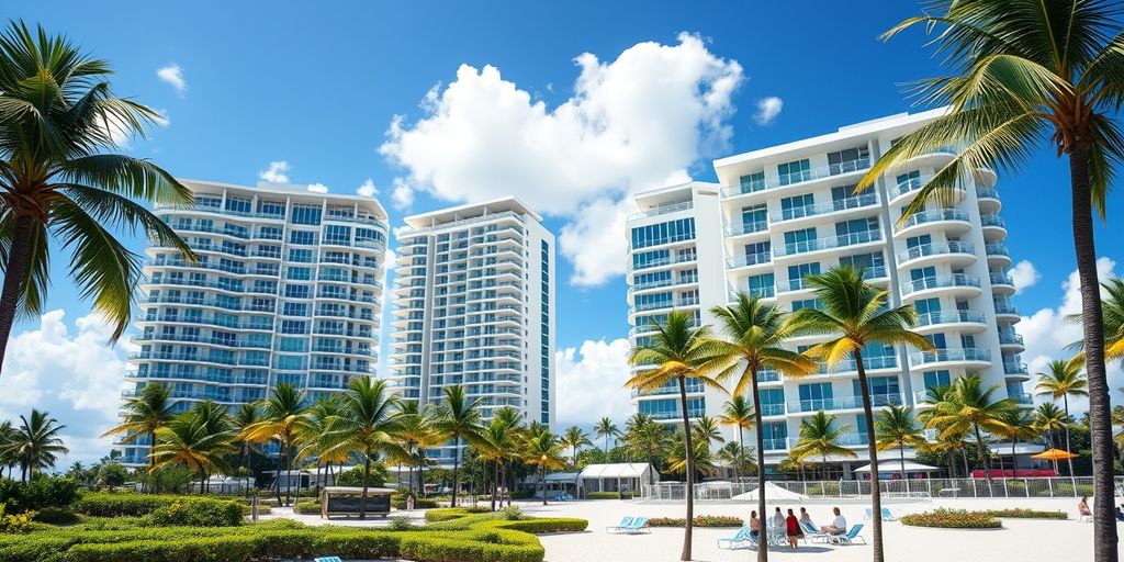 Sunny Isles beachfront condos with palm trees