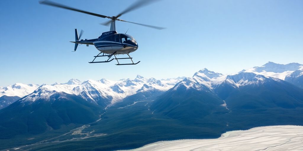 A helicopter flies over majestic, snow-capped Alaskan mountains.