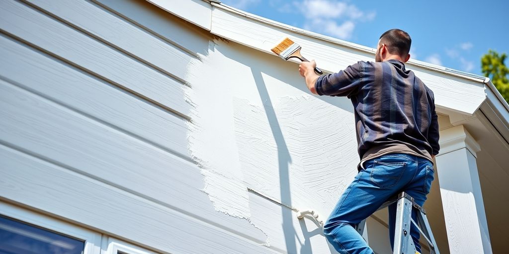 Person painting house exterior on a ladder