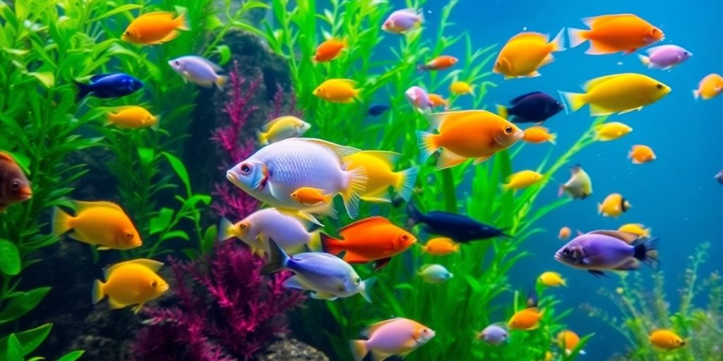 Makukulay na isda na lumalangoy sa isang masaganang kapaligiran sa ilalim ng tubig.
