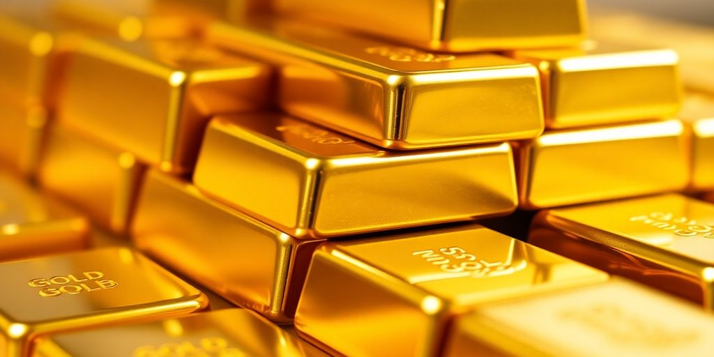 Lingots d'or empilés sur une surface brillante.
