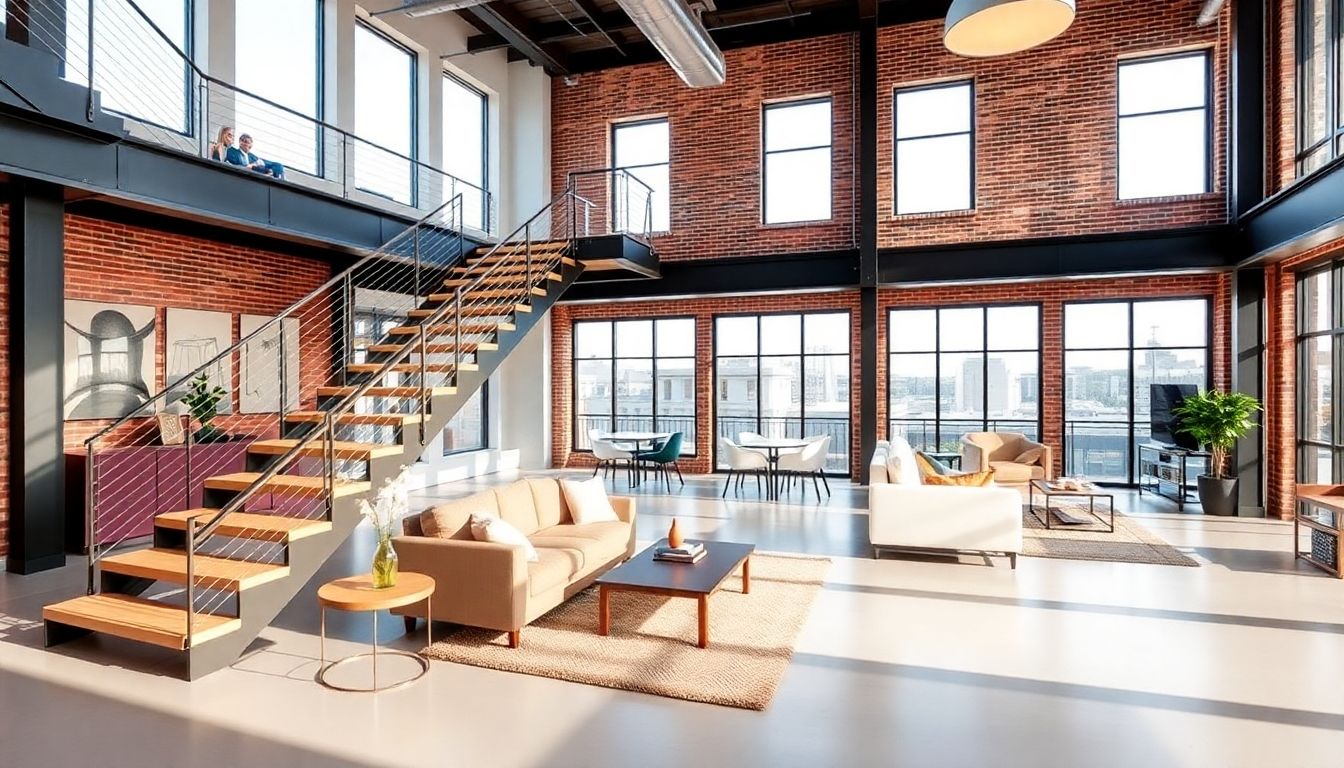 Modern loft with staircase and large windows.