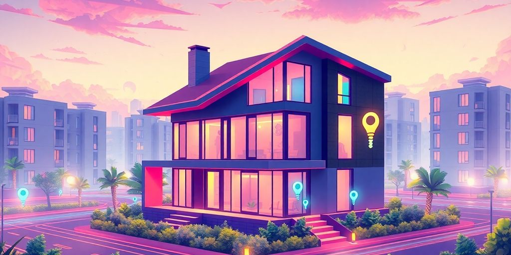 Futuristic real estate with digital elements and blockchain motifs.