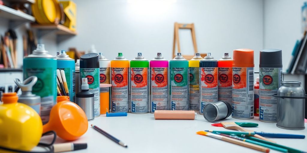 Workspace with spray paint cans and art supplies.